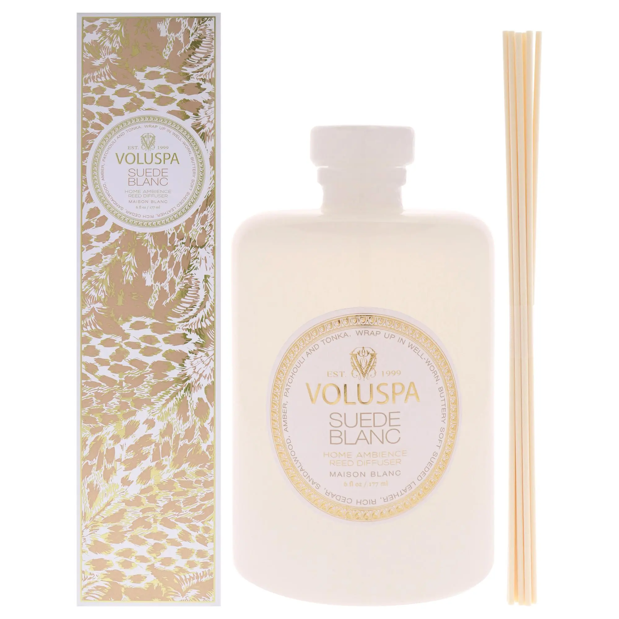 Unisex Scented Aroma Fragrance Reed Diffuser - Maison Blanc Collection Suede Blanc by Voluspa, 6oz with Reed Sticks