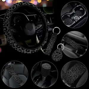 10 s leopard print car steering wheel cover center console armrest pad headrest seat belt cover handbrake cover keychain coaster full set car SUV (leopard print