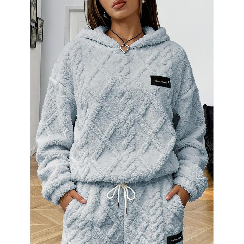 Womens Cozy Sherpa Hooded Sweatshirt, Diamond Jacquard Soft Fuzzy Fleece Pullover, Long Sleeve Relaxed Fit Tops, Solid Color Warm Plush Hoodie for Indoor and Casual Outdoor