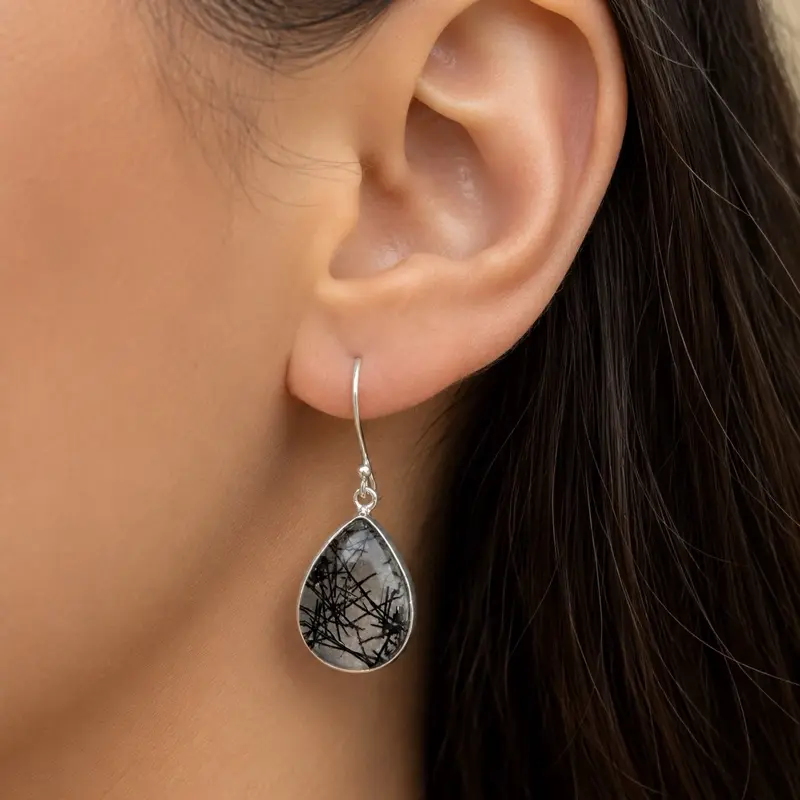 Black Rutilated Quartz Sterling Silver Earrings | One-of-a-Kind Gemstone Jewelry