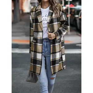 Women's Plaid Shacket Jacket Casual Button Wool Blend Winter Tartan Trench Coat With Pockets