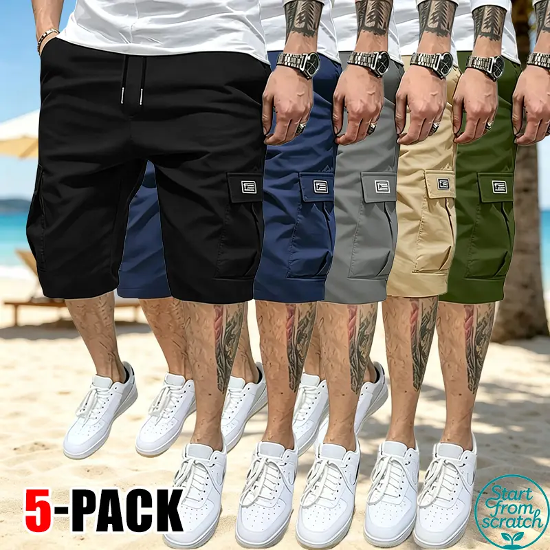 Pack of 5 men’s fashion casual cargo shorts with multiple pockets, elastic waistband with drawstring; suitable for everyday running, sports/fitness, commuting, outdoor walks, and travel.
