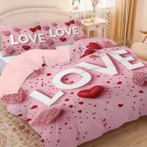 Valentine's Day themed 3-piece set (1 duvet cover + 2 pillowcases, without filling), pink romantic sweet girl style LOVE heart element printed duvet cover set, comfortable bedding set, room decoration, suitable for all seasons, ideal as a gift