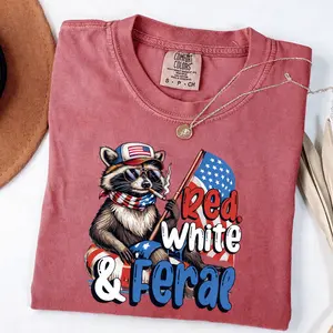Comfort Colors Red White And Feral, Funny USA Shirt, Funny Raccoon Shirt , 4th Of July Shirt, Feral Shirt, Hotdog Raccoon, America Shirt