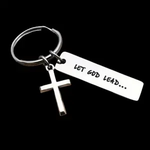 Simple metal keychain, stainless steel keychain, LET GOD LEAD cross pendant -HN331-11