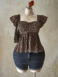 ICON Plus Size Floral Print Babydoll Top – Ruched Front Ruffle Trim Cap Sleeve Vintage 70s Style Blouse for Women, Summer & Vacation
