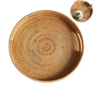 Round Rattan Woven Serving Tray, Handwoven Natural Rattan Basket, Large Capacity Sturdy Desktop Organizer, Perfect for Coffee Breakfast Snacks Fruits Tea Candles, 30X5cm Decorative Storage Tray