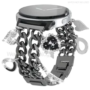 Metal Band for Samsung Galaxy Watch 8 (40mm/44mm) & Watch 8 Classic (46mm), Fashion Cuban Chain Bracelet with Cute Heart Pendant Charm, Smart Watch Straps