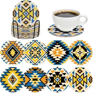Aztec Diamond Art Coasters Set, DIY American Native Diamond Painting Drinkware Kit, Coffee Abstract Bohemian Indian Craft Supplies