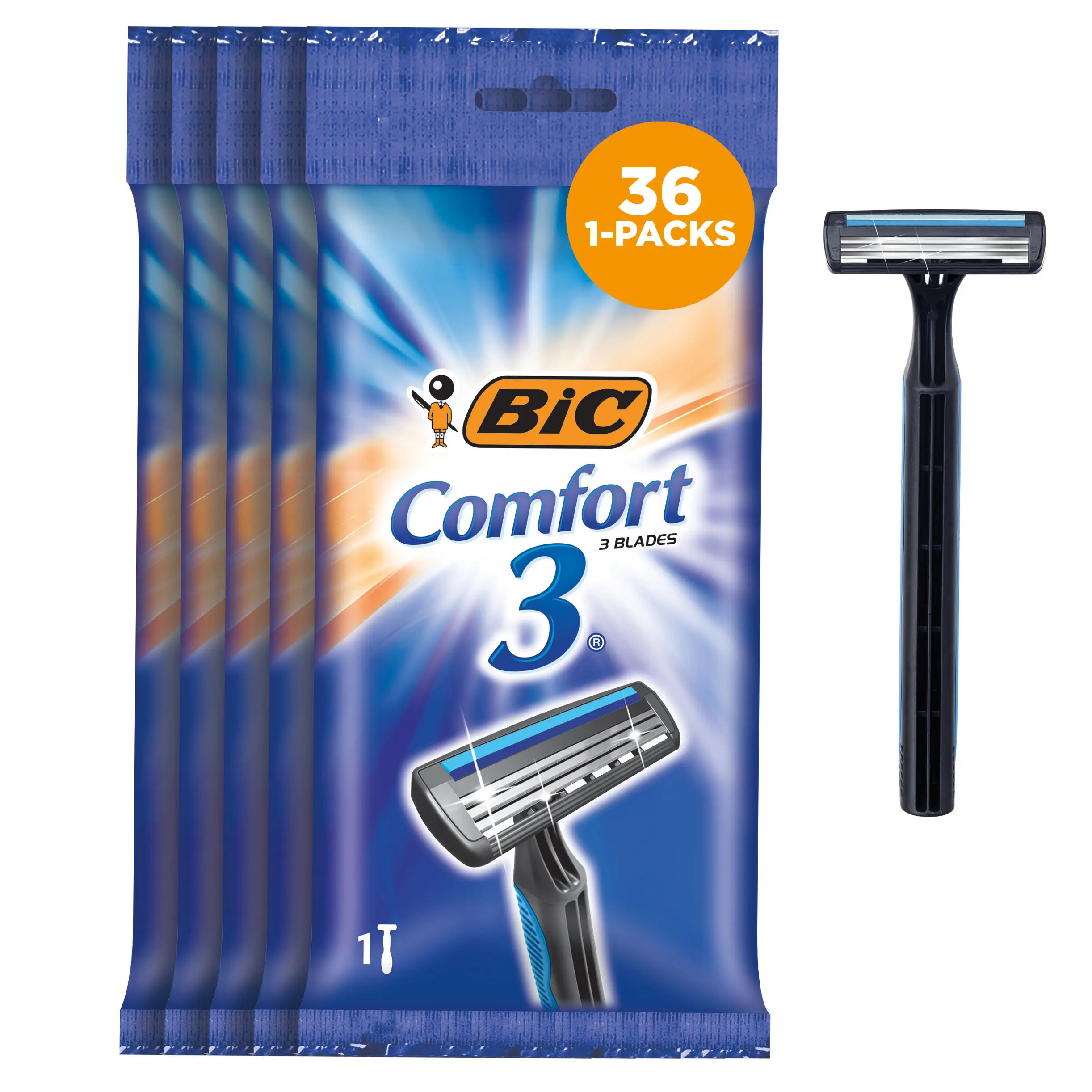 BIC Comfort 3 Men's Disposable Razors - 3 Razor Blade Shaving Design with Handle, 36 Individually Packed Single-Count Units