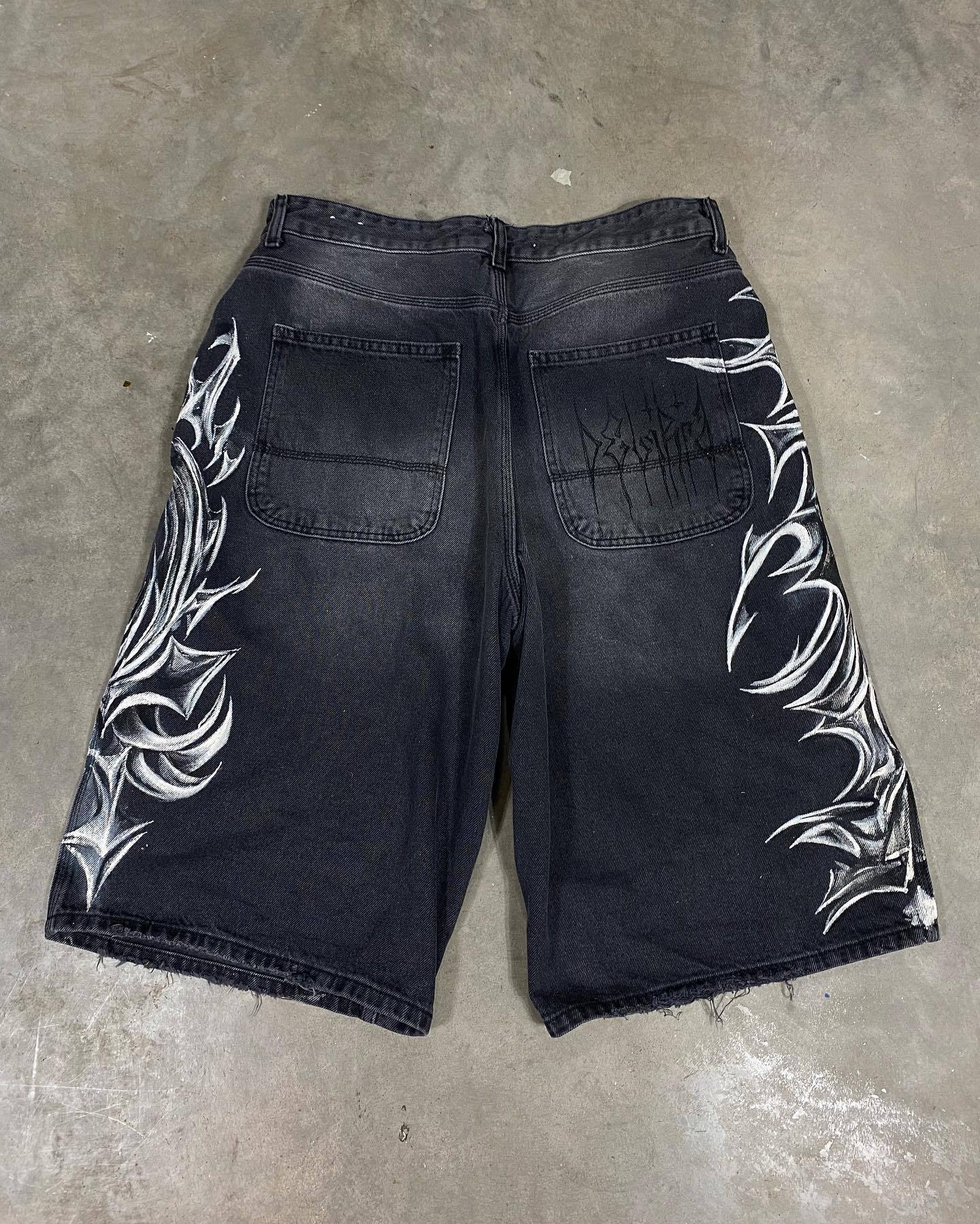 Noctra Retro Gothic Printed Denim Shorts