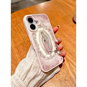 Pink Virgin Mary Christian Pattern Magnetic Clear Phone Case For IPhone 17/16/15/14/13/12/11/Air/ProMax/Pro/Plus For Samsung Galaxy S25-S22/FE/Ultra, Acrylic+TPU Cover, Creative Y2K Design, Fundas Para Cover De Matching, Compatible Shockproof Phone Cases