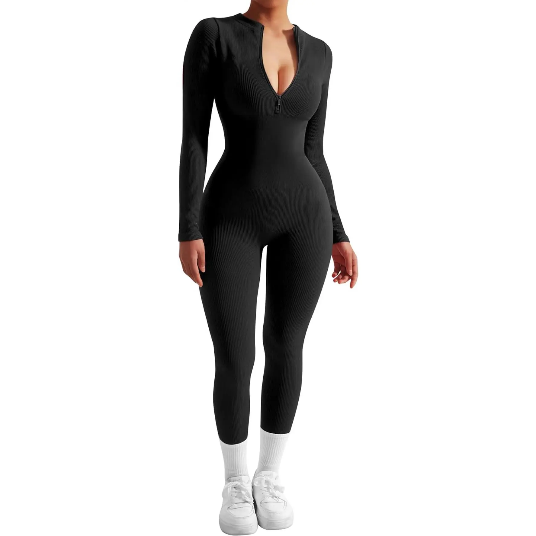SUUKSESS Women Long Sleeve Ribbed Jumpsuit Zip up Front Workout Bodycon Romper