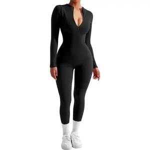SUUKSESS Women Long Sleeve Ribbed Jumpsuit Zip up Front Workout Bodycon Romper