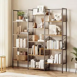 Brown Triple Column 5-Tier Bookshelf, Bookcase W/14 Display Shelves, Rustic Industrial Bookshelf with Frame, Modern Wide Large Book Shelf Book Case, Ideal for Living Room, Home and Offcie