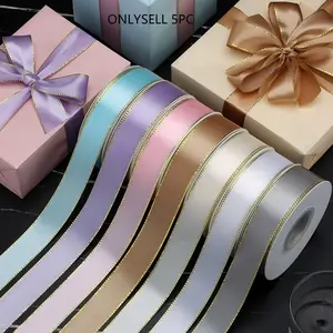 5pc Gold Trimmed Polyester Ribbon, Embossed Spiral Design, Floral Gift Wrapping, Gift Wrapping Supplies, DIY Flower Arrangement, Cake Decoration, Bouquet Tie