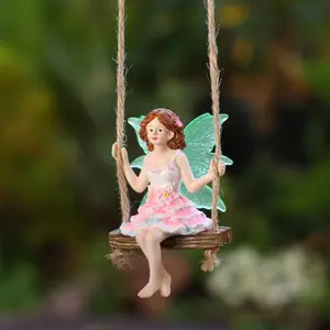 Flower Skirt Girl Swing, Outdoor Garden Planter Decoration, Home Balcony Fairy Swing, Fluorescent Wings Fairy, Hand-Painted Resin Craft, Exterior Decorative Statues