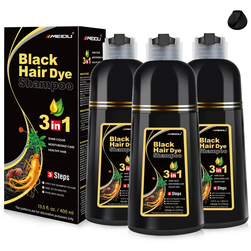 MEIDU 3-in-1 Herbal Hair Dye Shampoo with Root-Strong Herbs & Ginseng Extract, Grey Hair Coverage, No Bleach, Semi-Permanent Color for Male & Female Natural Hairstyles, 36-Month Shelf Life, At-Home Use, 400ml