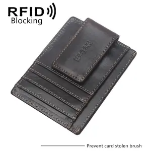 Real leather anti magnetic RFID wax wallet multifunctional magnetic head layer leather dollar clip card bag