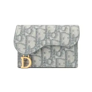 DIOR Saddle Bloom Flap Embossed Oblique Fabric Card Holder Wallet For Women In Gray