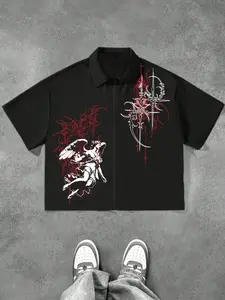 Men's Zipper Shirt Casual Printed Angel Cross Print Casual Style, Comfortable Streetwear, Summer Fashion, Geometric Pattern, Fitted Design