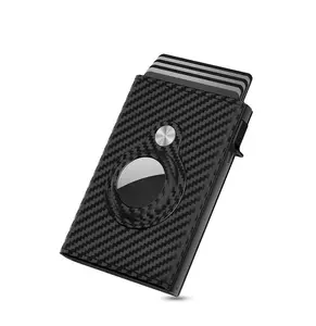 Engrova Mens Wallet Card Holder for AirTag - Leather Smart wallet Compatible With Air Tag, RFID Blocking, Slim, Carbon Fiber, Minimalist -9-14 Card Capacity | ID Window | Cash Slot (Black)