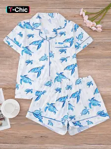 Women's All Over Turtle Print Shirt & Elastic Waist Shorts Pyjama Two-piece Set, Casual Comfy Short Sleeve Collared Top & Shorts Set, Ladies Sleepwear for All Seasons, Pajama Set