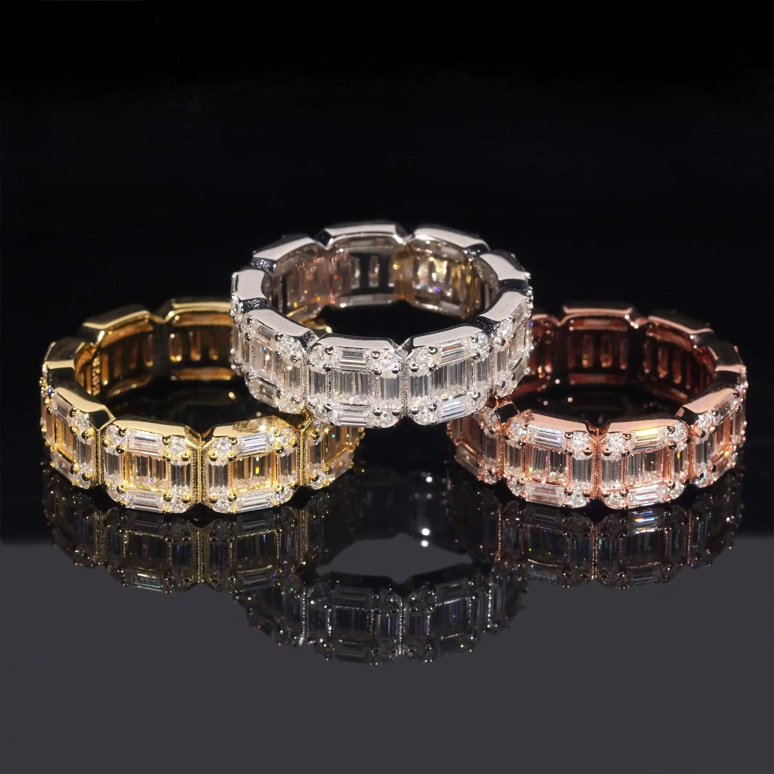 Baguette Ring — Moissanite, 925 Silver, Fire, Ring Stack, Moissanite Stone, Band, Passes The Diamond Tester, Hand-Set Gems, Tarnish Resistant, Diamond-Like Fire, Full, Rectangular, Rhodium-Plated, Synthetic Diamond