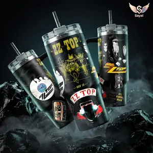 ZZ Top The Big One Tour 50 Anniversary 40 oz Vacuum Insulated Tumbler Handle Straw Yellow Black Band Members Graphic Keeps Drinks Hot/Cold 12H+ 18/8 Stainless Steel Travel Classic Rock Fans Dark Aesthetic Gift