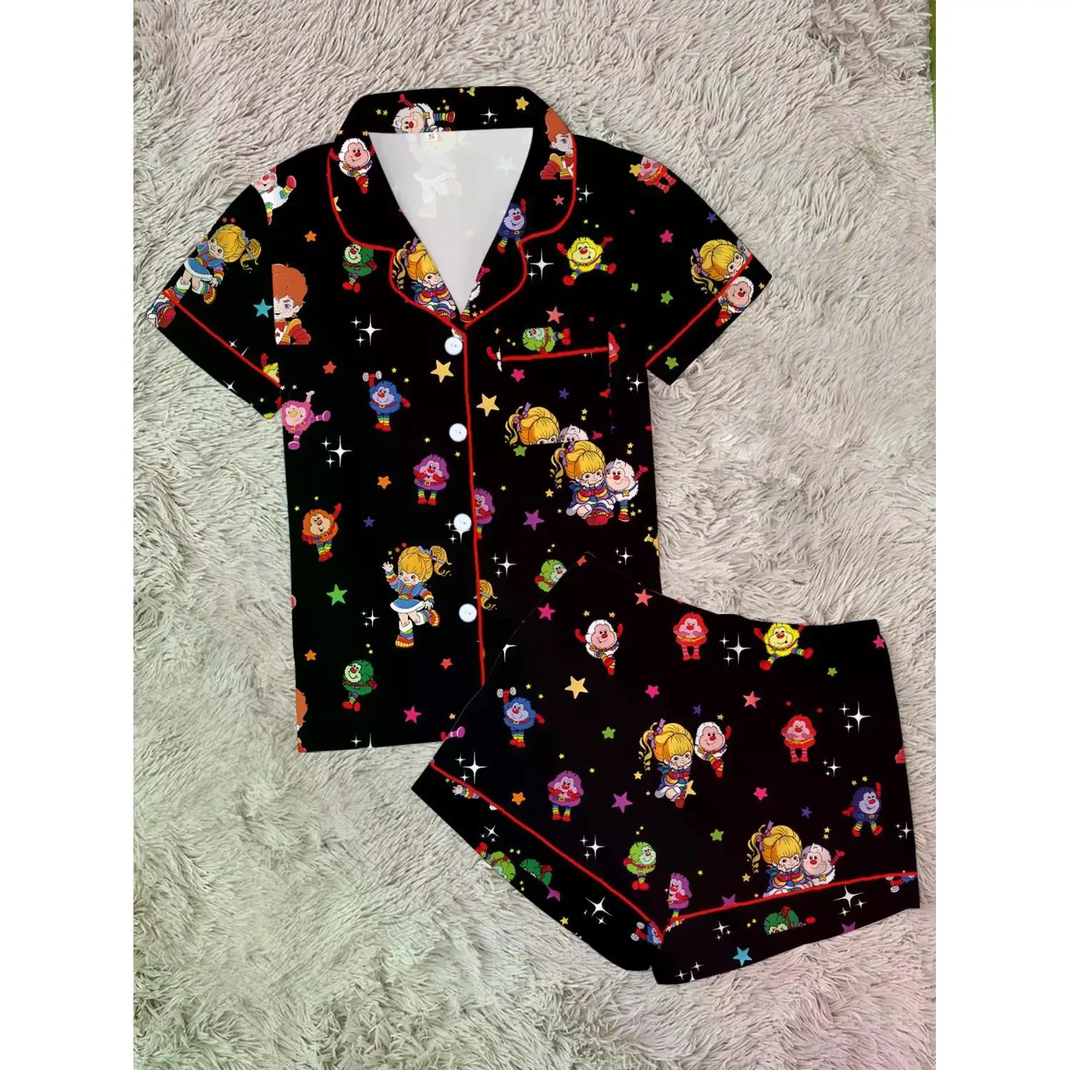 Women's Rainbow Girl Print Pajama Set, Cute and Cozy Two-Piece Sleepwear with Short Sleeve Button-Up Top and Elastic Waist Shorts, Perfect Casual Home Loungewear