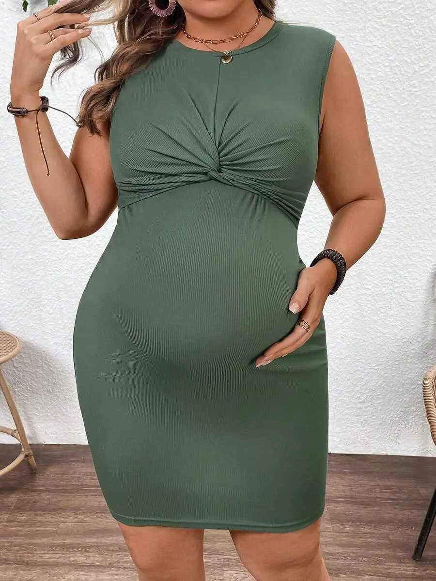 [FREE SHIPPING] Plus Size Maternity Solid Color Casual Sleeveless Dress Sexy Maternity Dress Green Dress Curve Plus Green Dress Bodycon Plus Size Dress