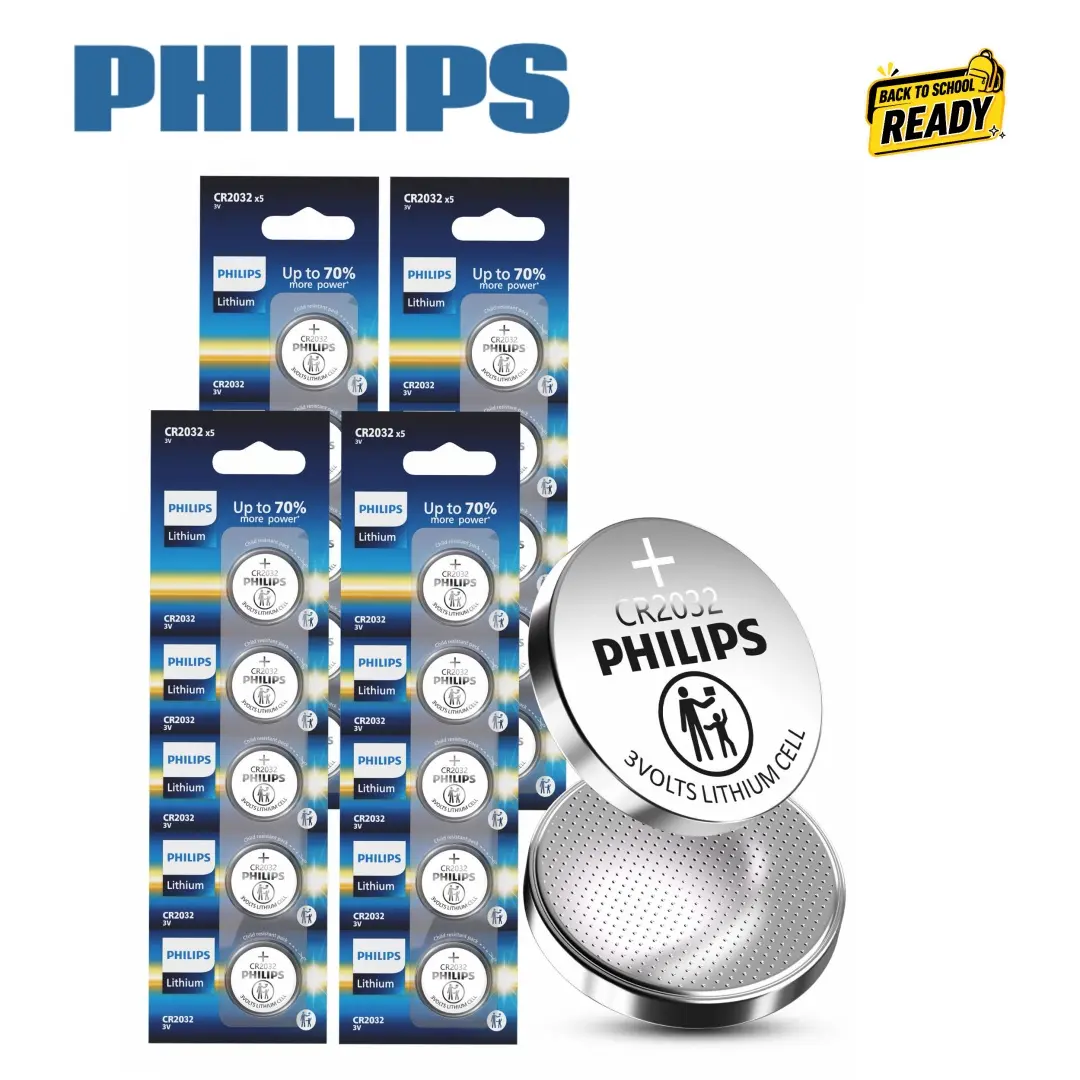 Philips CR2032 Lithium Button Coin Cell Replacement Batteries (5/10/50 Pack), 3V Long-Lasting for AirTag, Car Key Fob, Remote Smartphones  Walkie