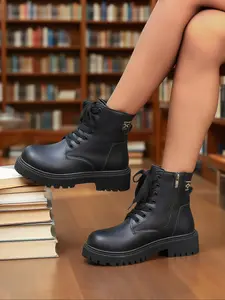 New Fall Women's Boots, British Style Thick Sole Short Boots, Vintage Motorcycle Boots, Side Zipper Laces, College Wind Short Boots