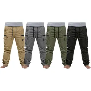 Clean Gent 4-pack men’s solid-color cargo pants with drawstring waist, street-style joggers, summer workwear for men, men’s bottoms suitable for everyday and outdoor wear, ideal for all seasons.