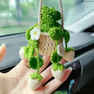 Handmade Crochet Strawberry Plant Car Accessory, Cottagecore Aesthetic Rearview Mirror Hanging Decor, Spring Glow-Up Car Accessories