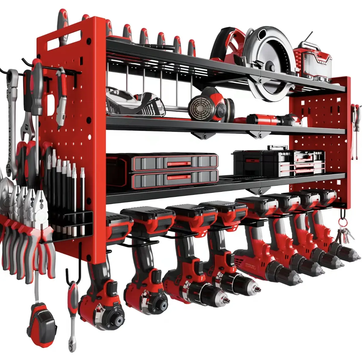 Tool Organizer Wall Mount,Tool Rack with 8 Drill Holders,4 Layers Large Capacity Rack,Tool Room Storage,ldeal for Garage,powertoolholder