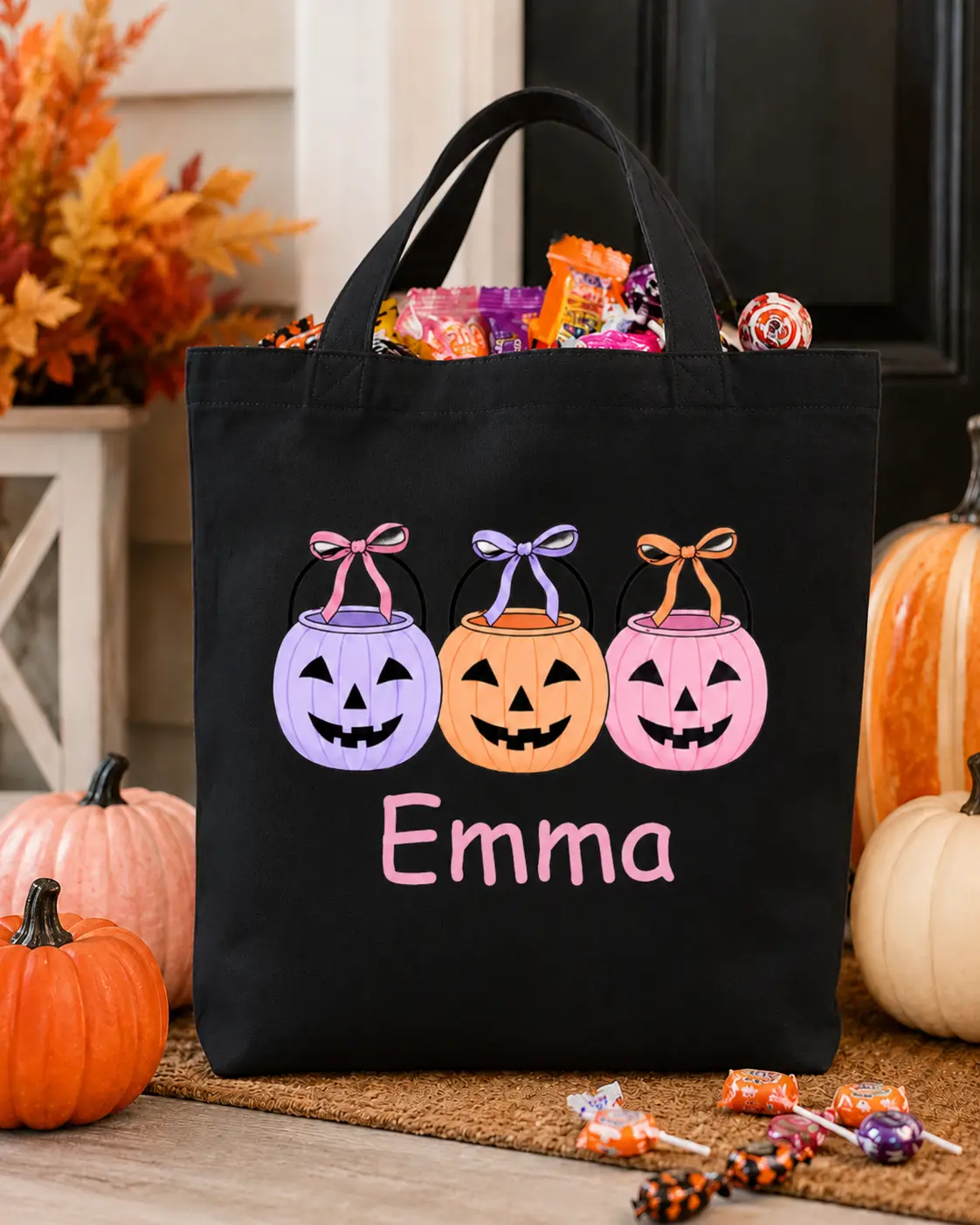 Personalized Trick or treat candy tote bag, Custom Halloween Bags