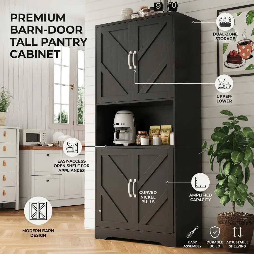 ZR-Garvee 70 Inch Tall Kitchen Pantry Cabinet with Microwave Stand and 4 Doors Large Storage Hutch with Adjustable Shelves Freestanding Cupboard for Pantry and Kitchen