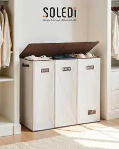 SOLEDI 200L 3-Section Laundry Hamper with Lid, Black/Grey/Off-white | Extra Large Dirty Clothes Basket for Bedroom & Laundry Room, Durable Clothes Organizer,Organize laundry effortlessly,storage organization,stair basket! Foldable, durable, and stylish Su