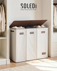 SOLEDI 200L 3-Section Laundry Hamper with Lid, Black/Grey/Off-white | Extra Large Dirty Clothes Basket for Bedroom & Laundry Room, Durable Clothes Organizer,Organize laundry effortlessly,storage organization,stair basket! Foldable, durable, and stylish Su