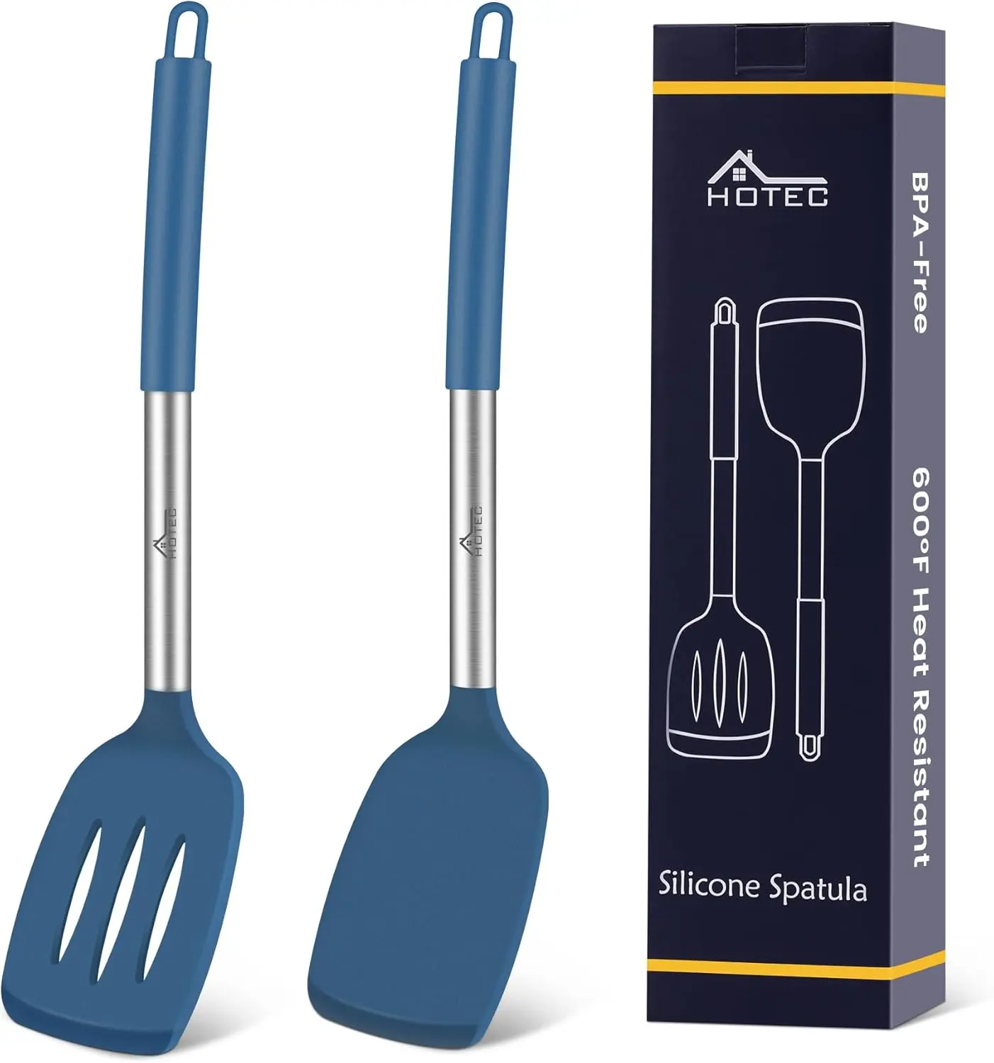 Silicone Spatula Set of 2 Heat-Resistant 600°F & BPA-Free Kitchen SaptulaTurner with Stainless Steel Handles, Slotted & Solid Spatulas for Nonstick Cookware, 13.7 Inch, Classic Blue