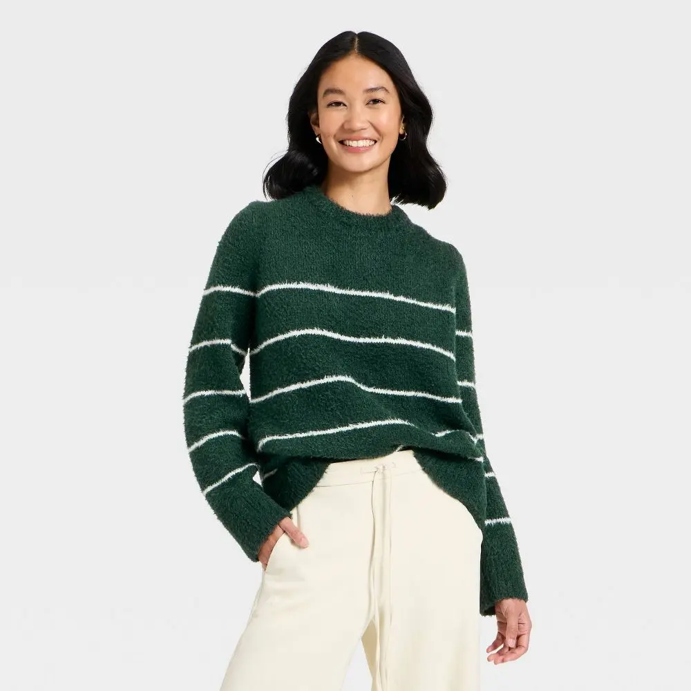 Women's Long Sleeve Fuzzy Pullover Sweater - A