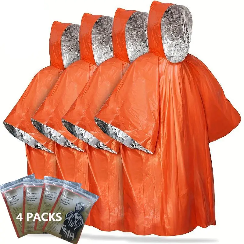 Emergency Rain Poncho with Hood, Waterproof Hooded Raincoat, Waterproof Rain Suit, 4 Counts/set Water-resistant & Thermal Mylar Lined Raincoat, Survival Blankets for Outdoors, Rainy Days, Camping Gear, Rainproof