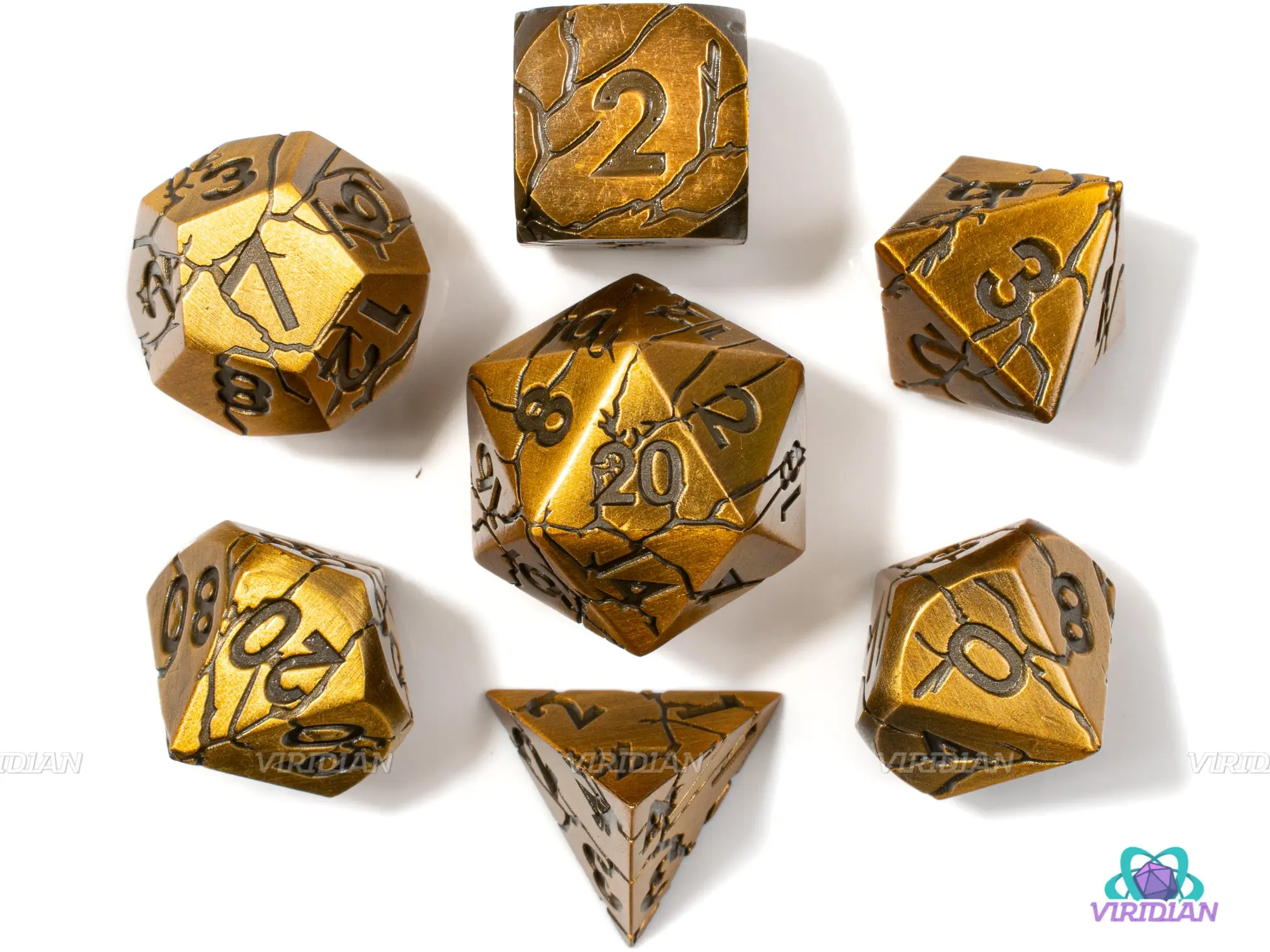 Midas' Touch | Gold with Cracks Large Metal Dice Set (7) | Dungeons and Dragons (DnD) | Tabletop RPG Gaming