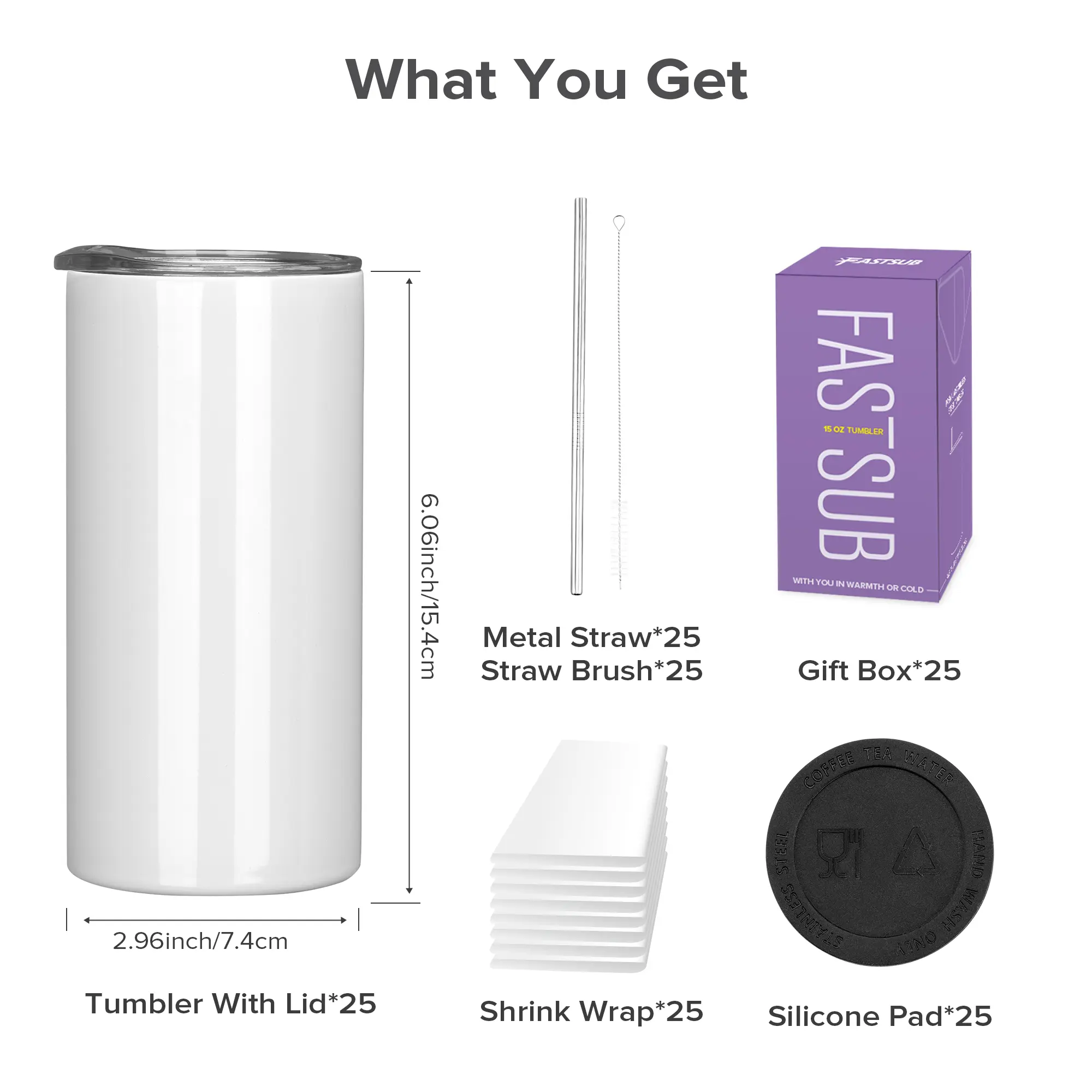FASTSUB 15 oz Sublimation Skinny Tumblers (25 Pack) - Kitchenware Vacuum  Insulated Stainless Steel Flasks with Straw, Lid, and Box - TikTok Shop