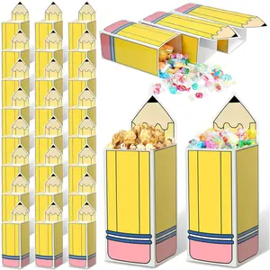 24 Pcs Back to School Pencil Candy Boxes Popcorn Holders Bulk Teacher Gift Bags Party Favors Welcome Back to School Treat Boxes for Teacher Appreciation Gifts Graduation Classroom Decoration