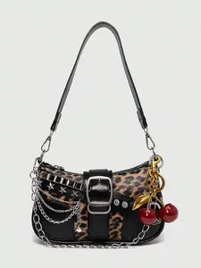 Women's PU Leather Shoulder Bag, Y2K Style Retro Leopard/Colorblock Pattern Bag, Fashionable Embellished Shoulder Bag