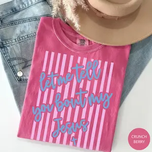 Comfort Colors Let Me Tell You About My Jesus T-Shirt, Stripes Coquette Bow Tee, Christian Bible Verse TShirt, Religious Tee