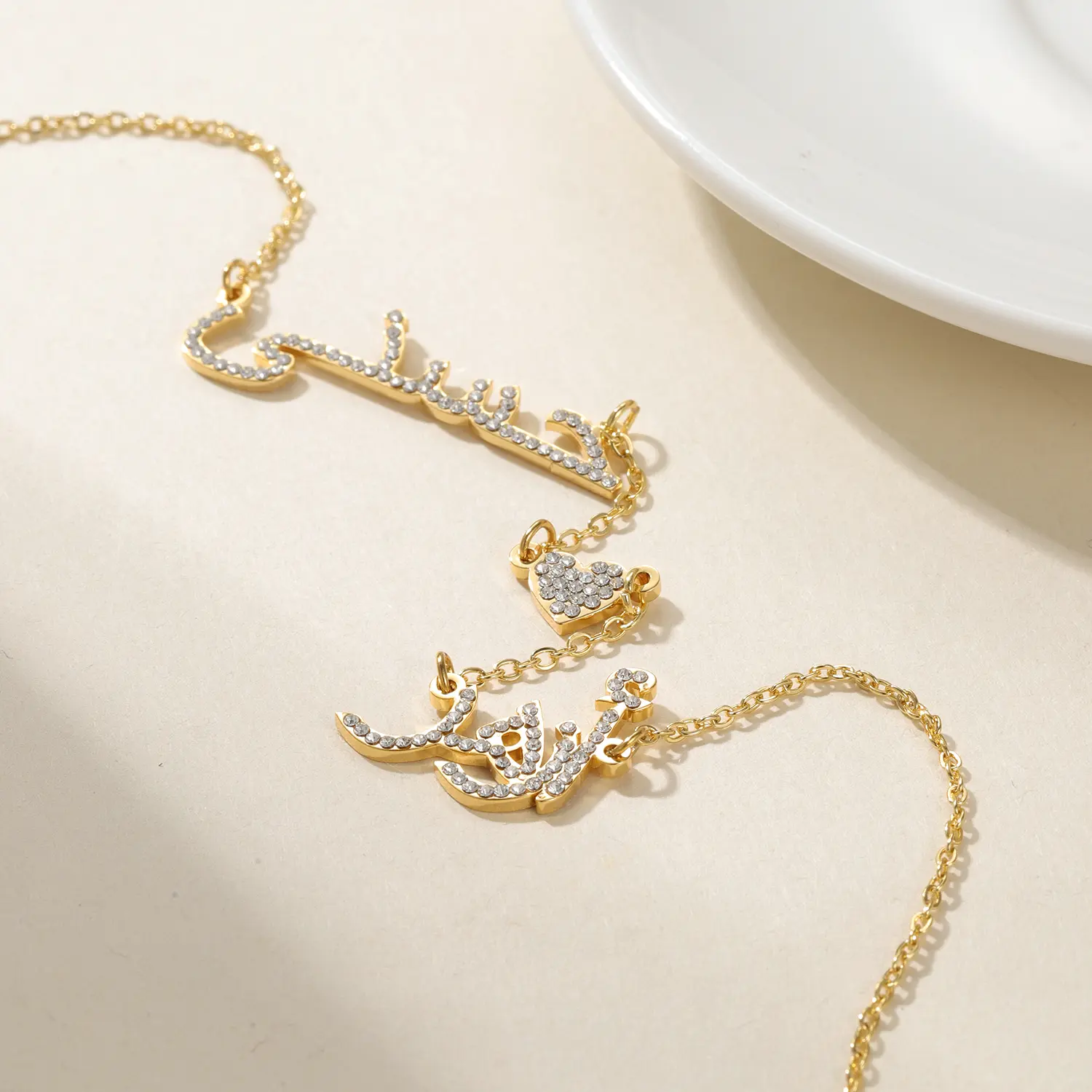 Crystal Arabic Double Name Love Customized 18k Stainless Steel Necklace Personalized Jewelry Pendant Bridesmaid Gift