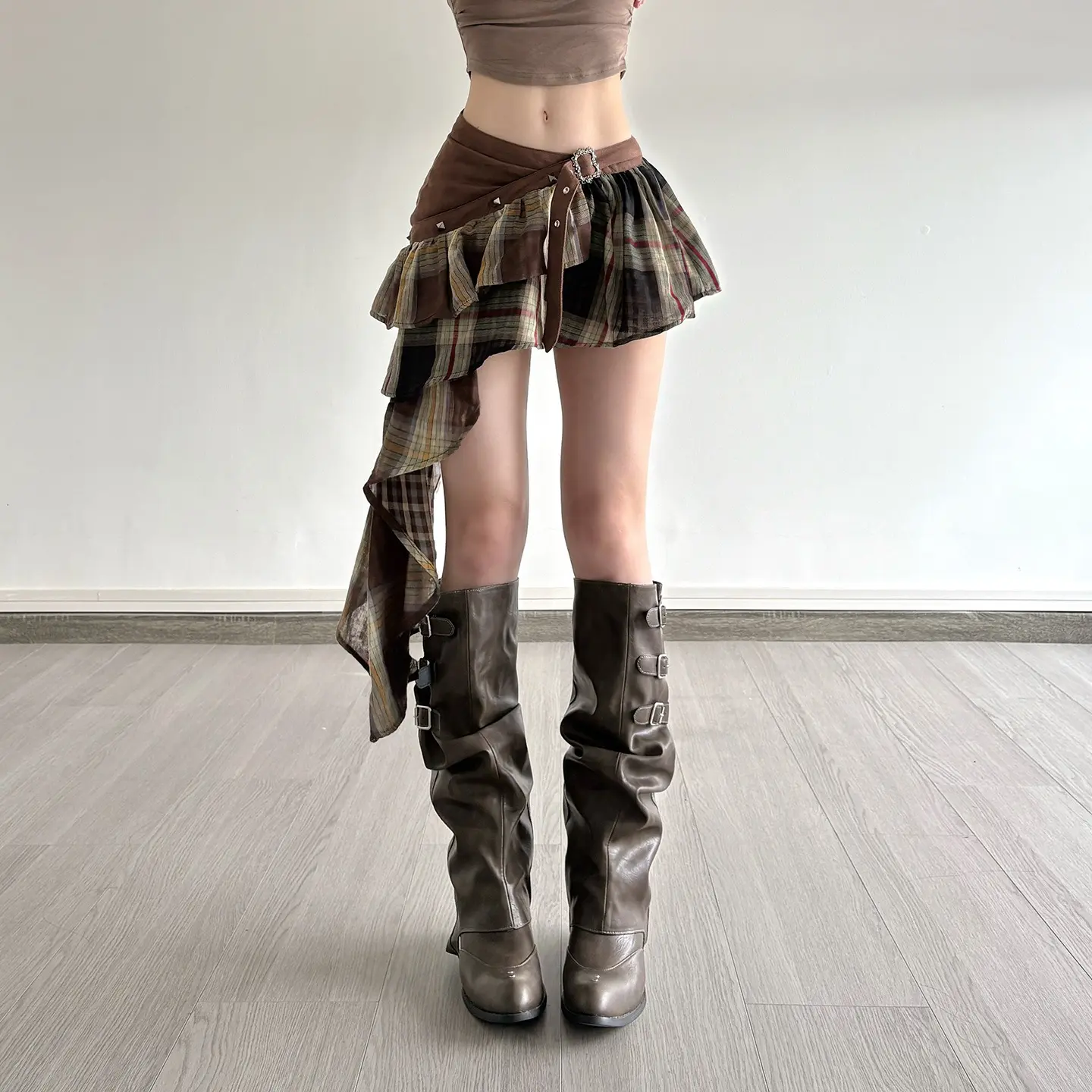 Y2K Vintage Plaid Ruffle Mini Skirt Irregular Hem Wrap Short Skirt with Belt Buckle